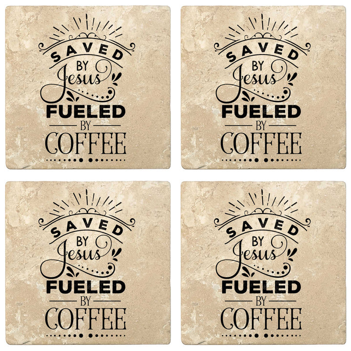 Set of 4 Absorbent Stone 4" Religious Drink Coasters, Saved By Jesus, Fueled By Coffee