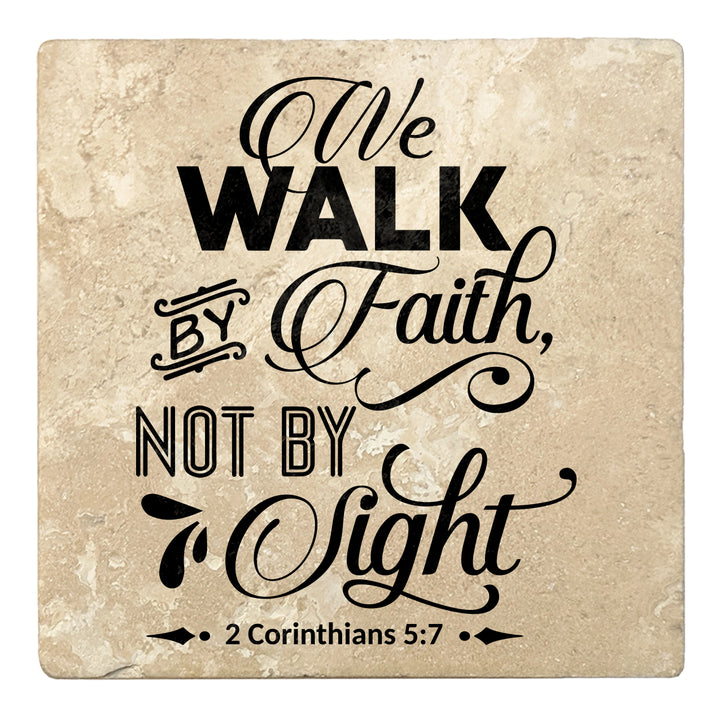 Set of 4 Absorbent Stone 4" Religious Drink Coasters, We Walk By Faith Not By Sight