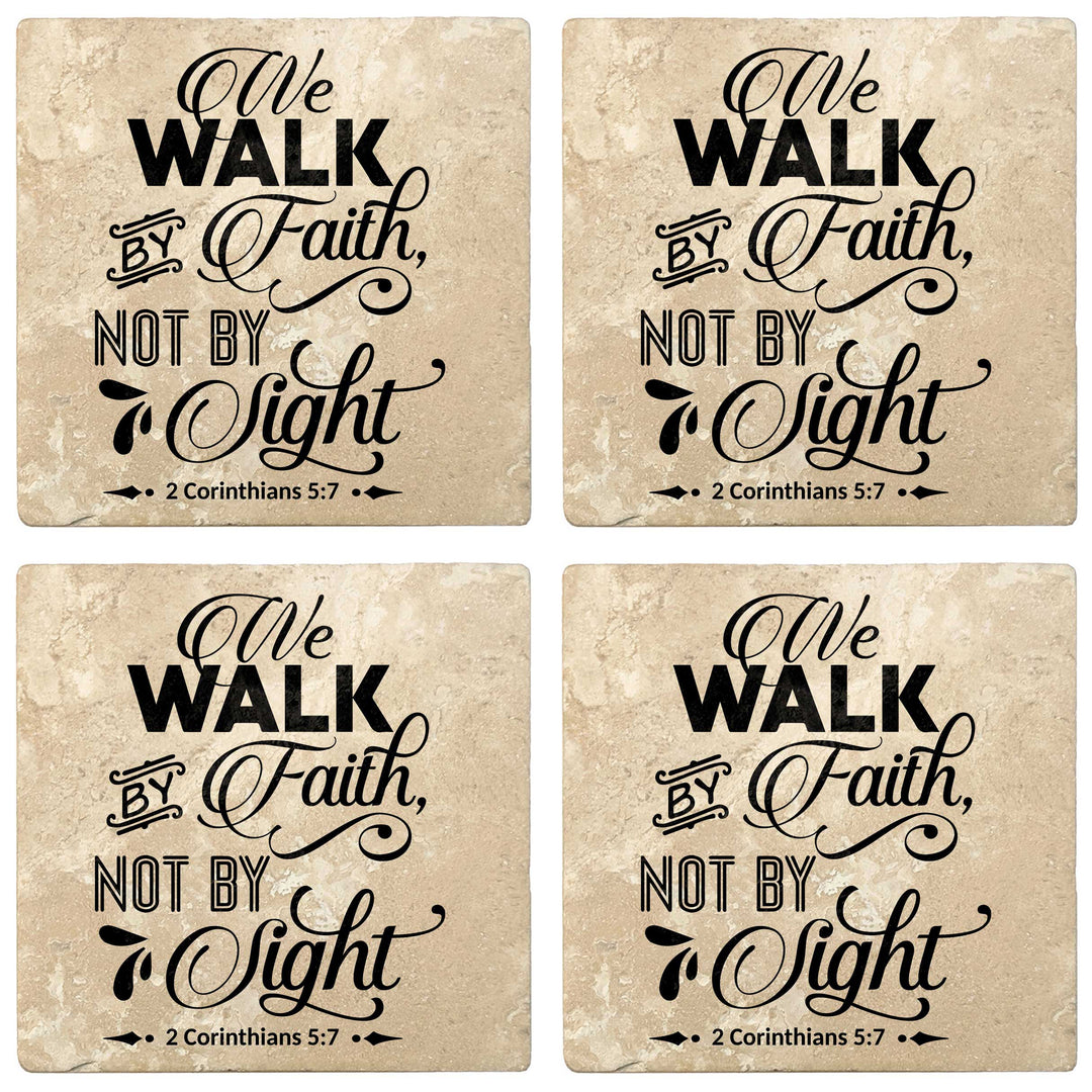 Set of 4 Absorbent Stone 4" Religious Drink Coasters, We Walk By Faith Not By Sight