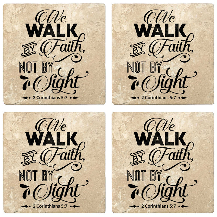 Set of 4 Absorbent Stone 4" Religious Drink Coasters, We Walk By Faith Not By Sight
