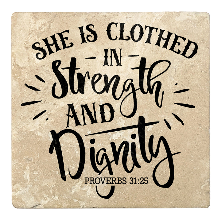 Set of 4 Absorbent Stone 4" Religious Drink Coasters, She Is Clothed In Strength And Dignity