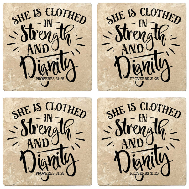 Set of 4 Absorbent Stone 4" Religious Drink Coasters, She Is Clothed In Strength And Dignity