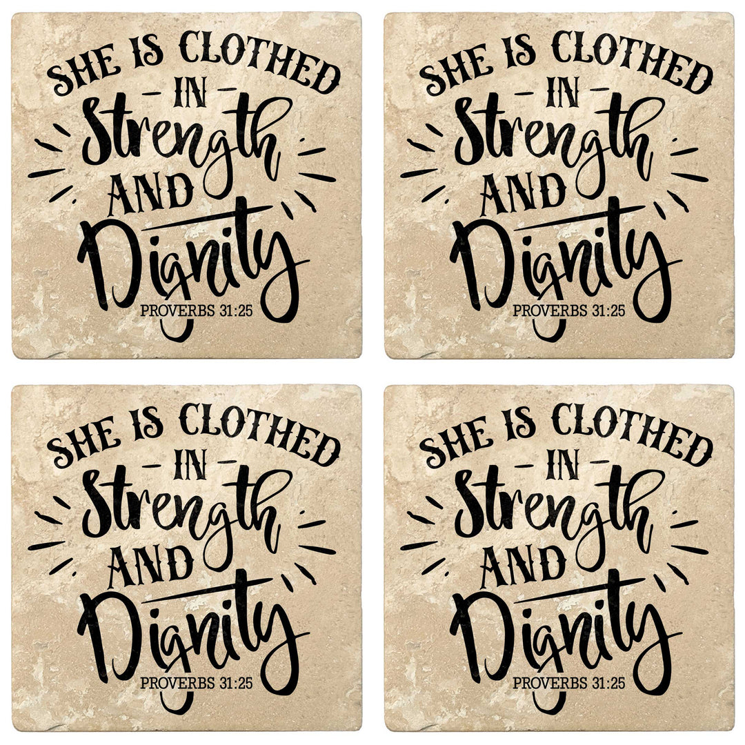 Set of 4 Absorbent Stone 4" Religious Drink Coasters, She Is Clothed In Strength And Dignity