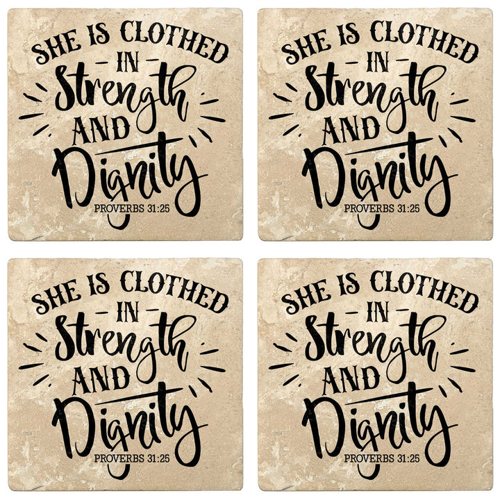 Set of 4 Absorbent Stone 4" Religious Drink Coasters, She Is Clothed In Strength And Dignity