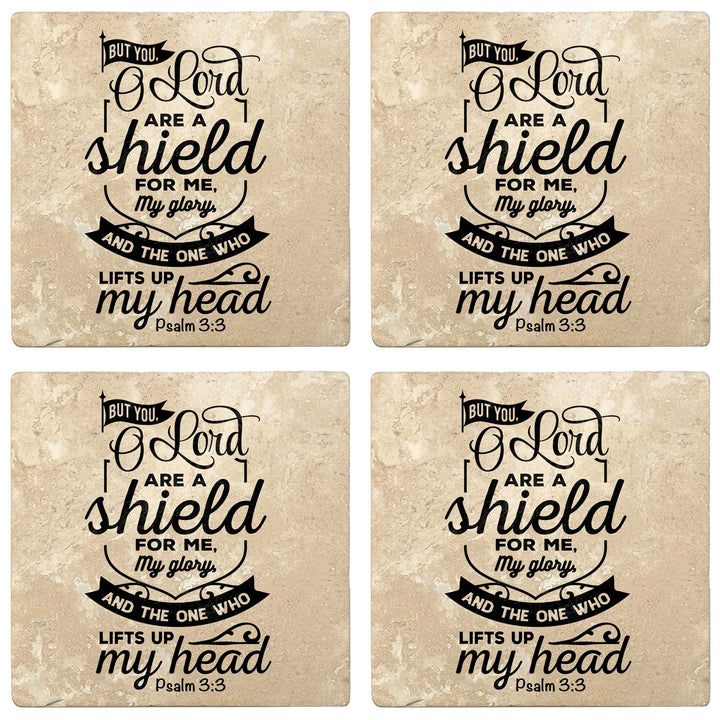 Set of 4 Absorbent Stone 4" Religious Drink Coasters, But You Oh Lord Are A Shield For Me, My Glory