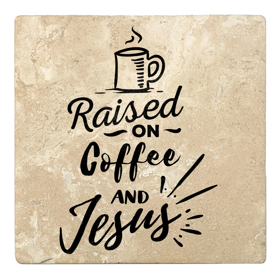 Set of 4 Absorbent Stone 4" Religious Drink Coasters, Raised On Coffee And Jesus