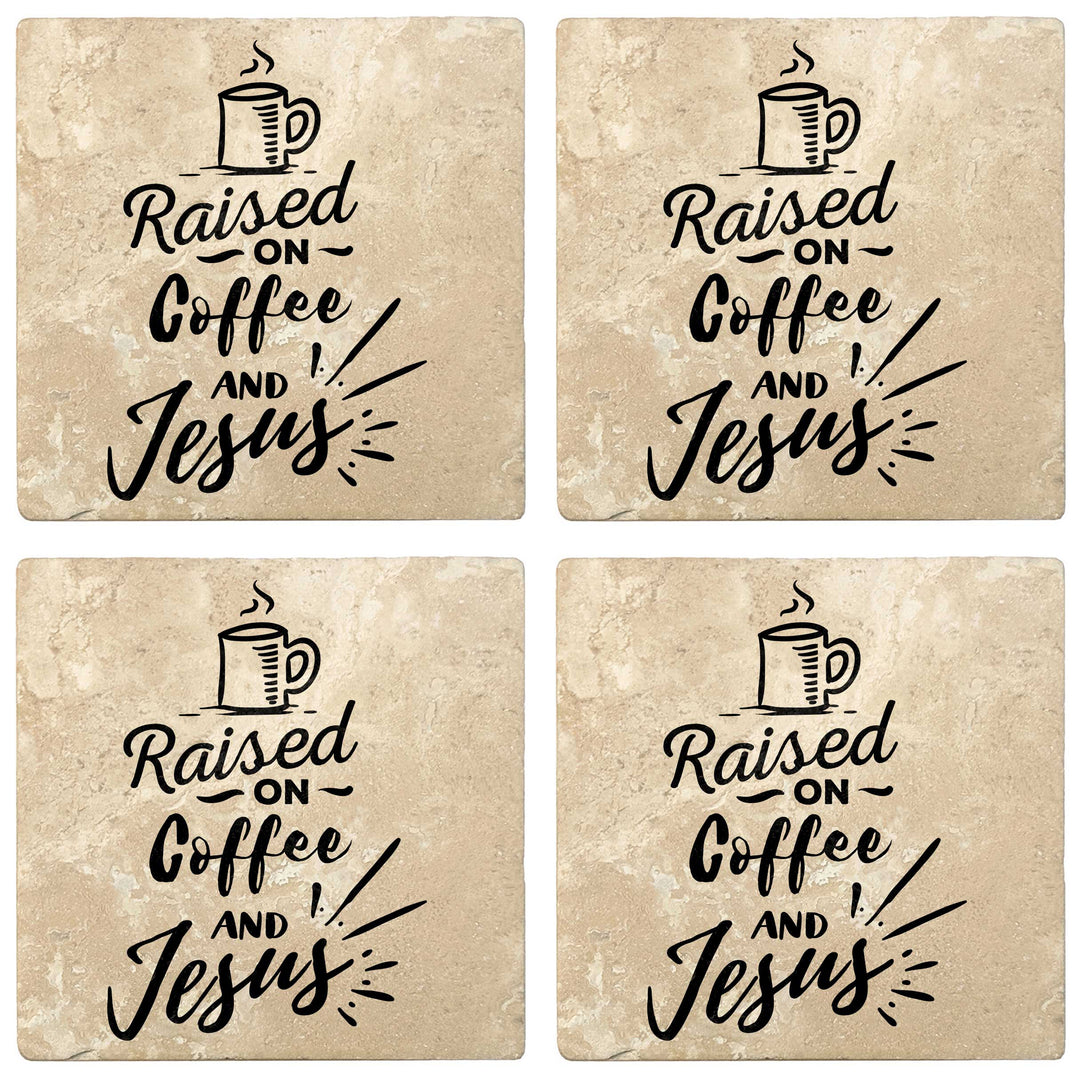 Set of 4 Absorbent Stone 4" Religious Drink Coasters, Raised On Coffee And Jesus