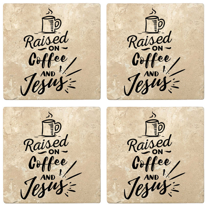 Set of 4 Absorbent Stone 4" Religious Drink Coasters, Raised On Coffee And Jesus