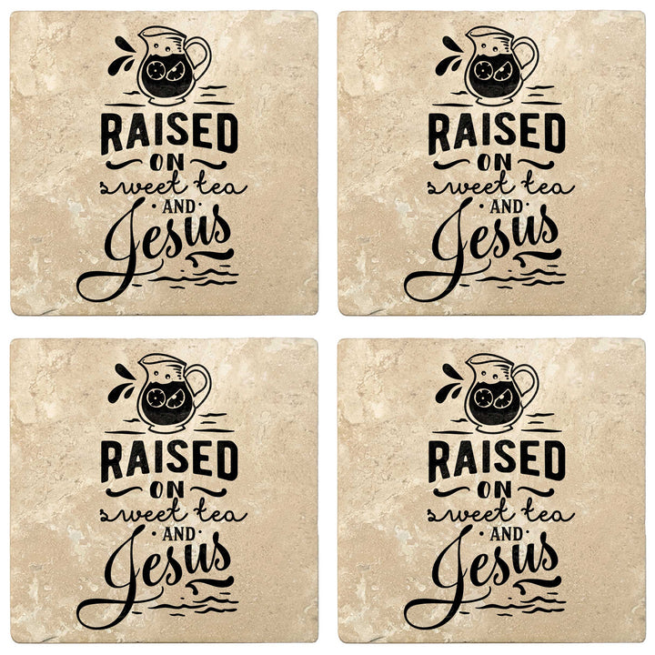 Set of 4 Absorbent Stone 4" Religious Drink Coasters, Raised On Sweet Tea And Jesus