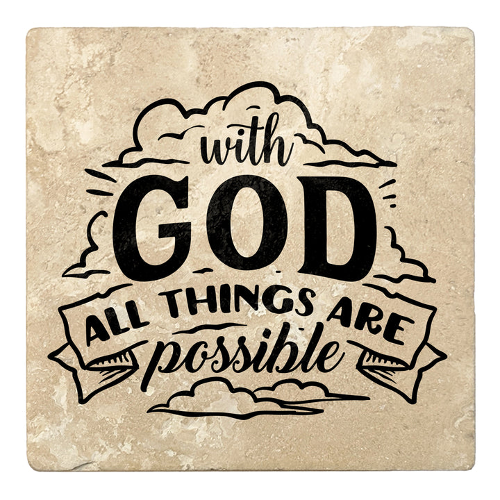 Set of 4 Absorbent Stone 4" Religious Drink Coasters, With God All Things Are Possible
