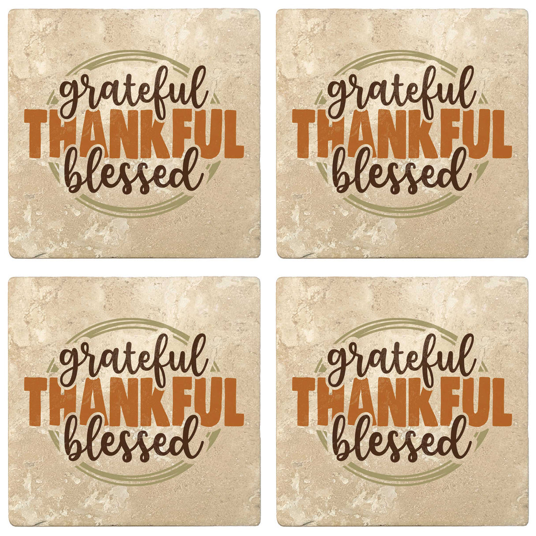 Set of 4 Absorbent Stone 4" Fall Autumn Coasters, Grateful Thankful Blessed