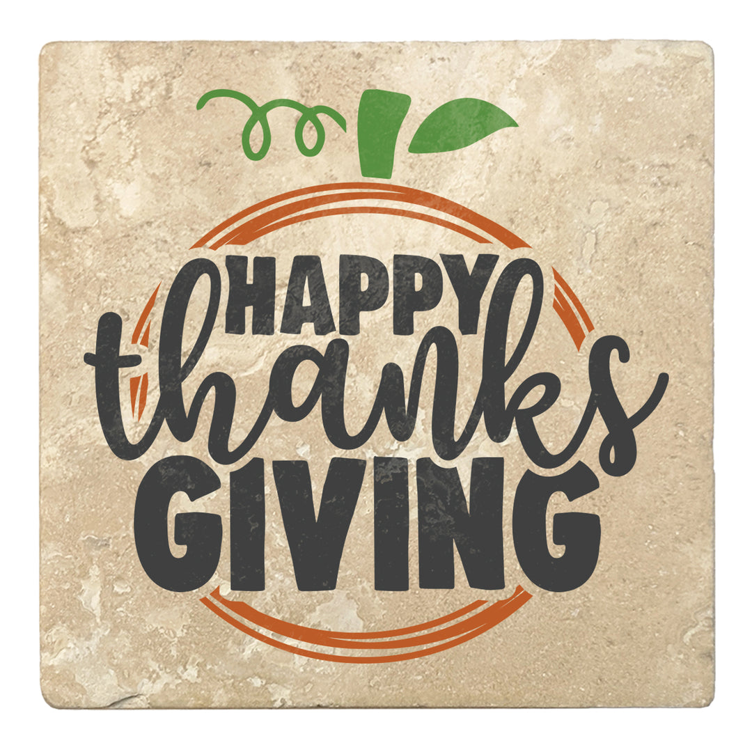 Set of 4 Absorbent Stone 4" Fall Autumn Coasters, Happy Thanksgiving - Apple