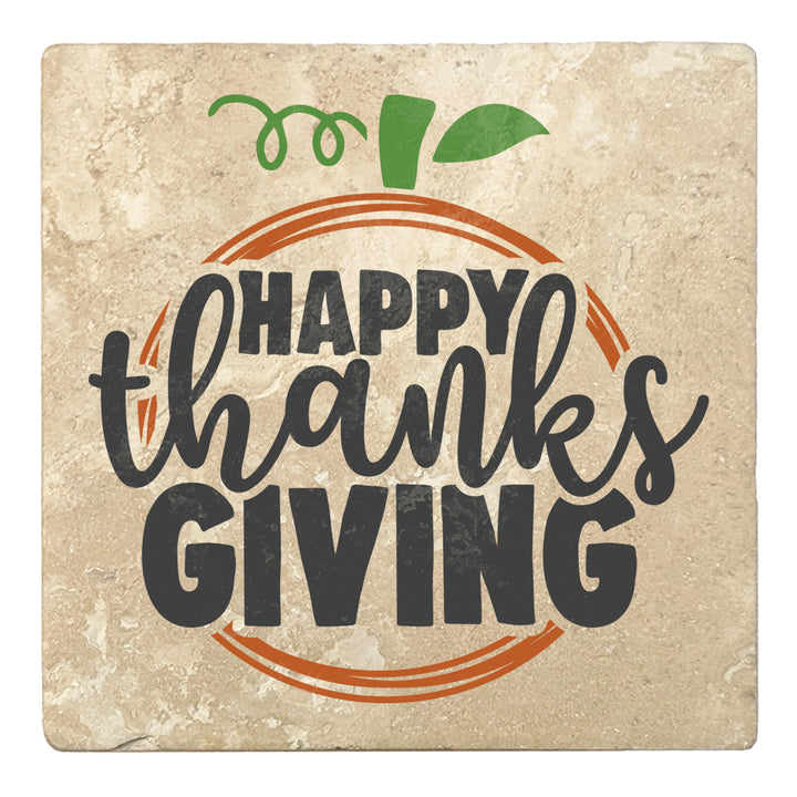 Set of 4 Absorbent Stone 4" Fall Autumn Coasters, Happy Thanksgiving - Apple