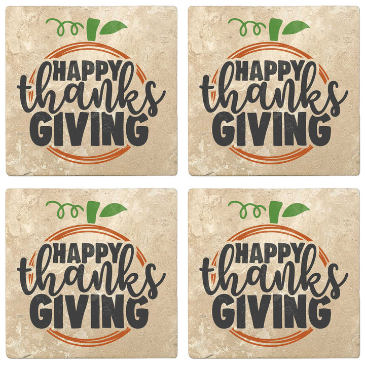 Set of 4 Absorbent Stone 4" Fall Autumn Coasters, Happy Thanksgiving - Apple
