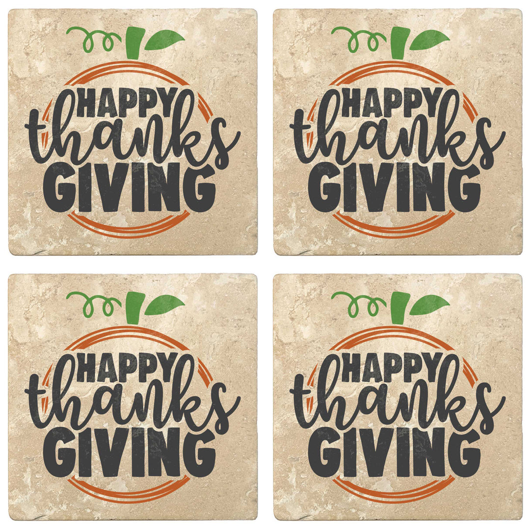 Set of 4 Absorbent Stone 4" Fall Autumn Coasters, Happy Thanksgiving - Apple