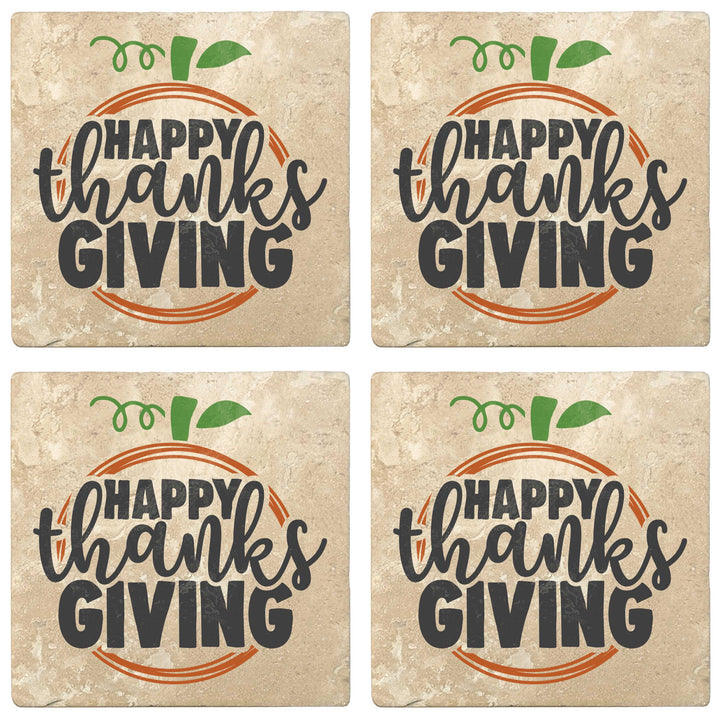 Set of 4 Absorbent Stone 4" Fall Autumn Coasters, Happy Thanksgiving - Apple
