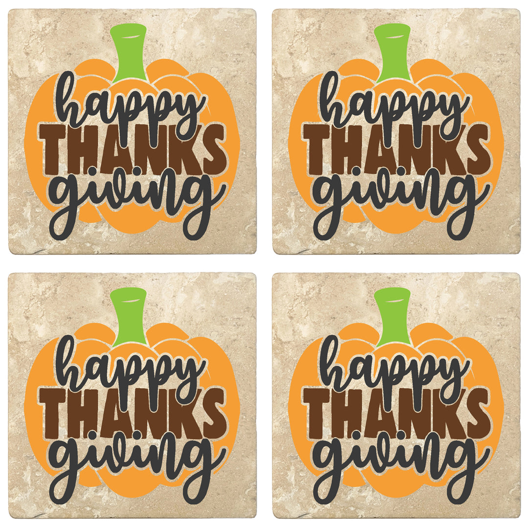 Set of 4 Absorbent Stone 4" Fall Autumn Coasters, Happy Thanksgiving - Pumpkin