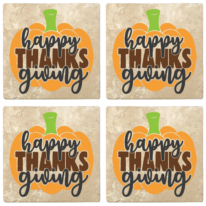 Set of 4 Absorbent Stone 4" Fall Autumn Coasters, Happy Thanksgiving - Pumpkin