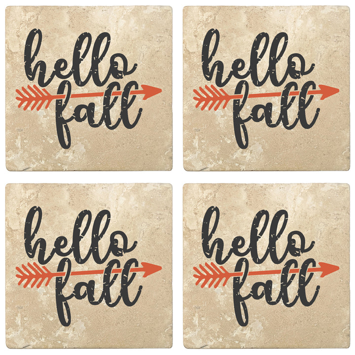 Set of 4 Absorbent Stone 4" Fall Autumn Coasters, Hello Fall - Arrow