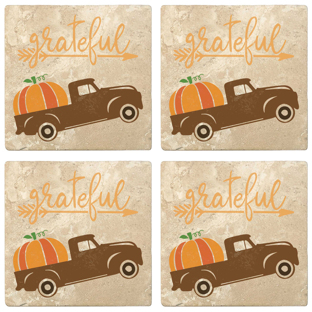 Set of 4 Absorbent Stone 4" Fall Autumn Coasters, Grateful + Truck