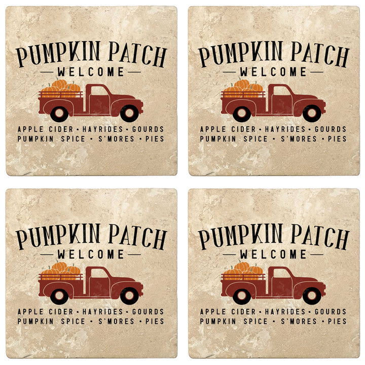 Set of 4 Absorbent Stone 4" Fall Autumn Coasters, Pumpkin Patch Welcome - Truck