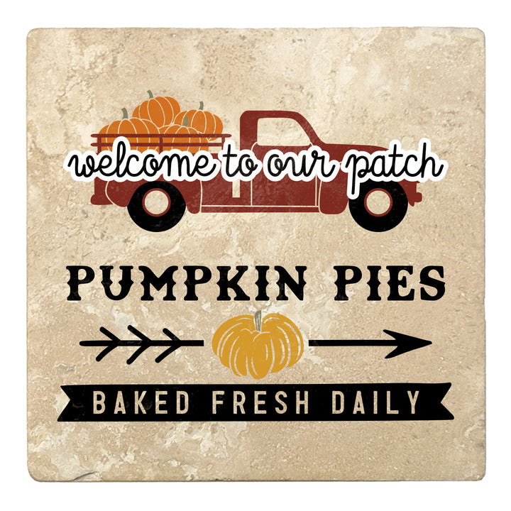 Set of 4 Absorbent Stone 4" Fall Autumn Coasters, Welcome Pumpkin Pies Baked Fresh Daily