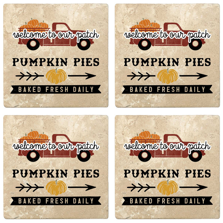 Set of 4 Absorbent Stone 4" Fall Autumn Coasters, Welcome Pumpkin Pies Baked Fresh Daily