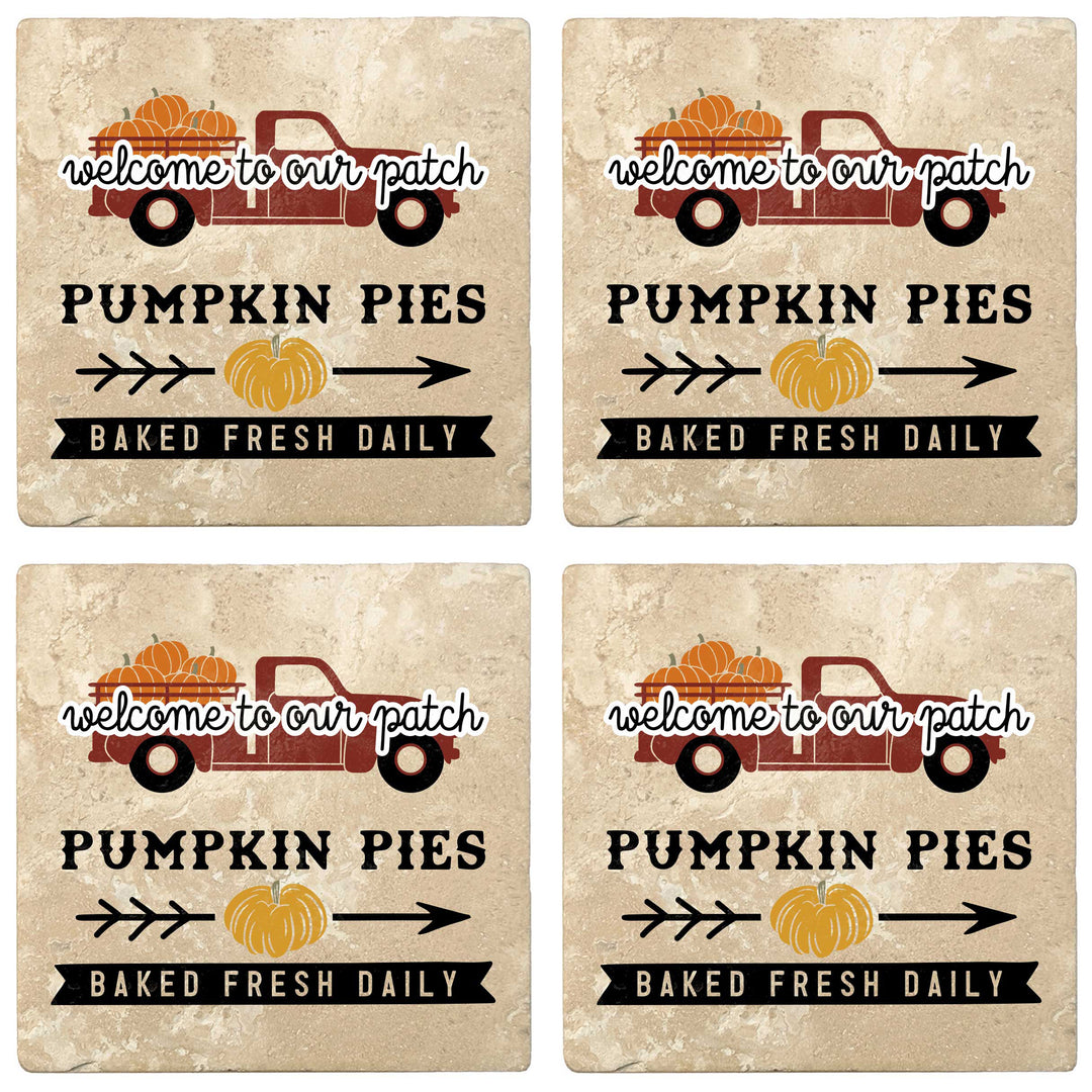 Set of 4 Absorbent Stone 4" Fall Autumn Coasters, Welcome Pumpkin Pies Baked Fresh Daily