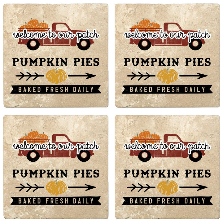 Set of 4 Absorbent Stone 4" Fall Autumn Coasters, Welcome Pumpkin Pies Baked Fresh Daily