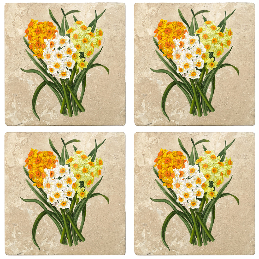 Set of 4 Absorbent Stone 4" Flower Designs Drink Coasters, Daffodil Bunch
