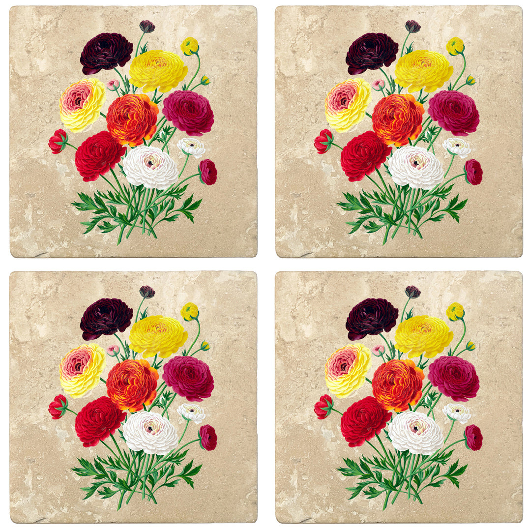 Set of 4 Absorbent Stone 4" Flower Designs Drink Coasters, Double French Ranunculus Bouquet