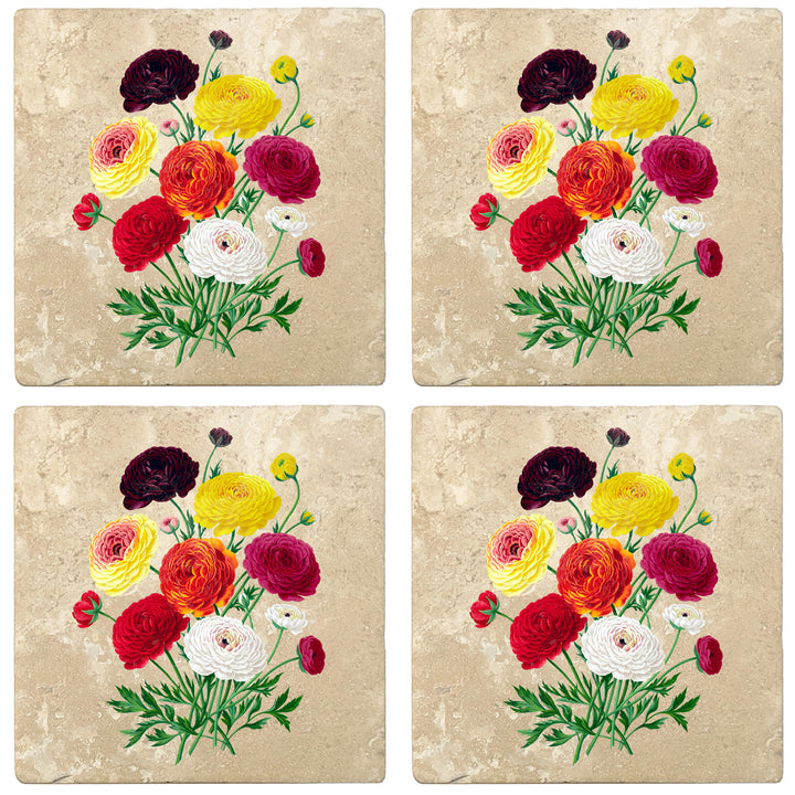 Set of 4 Absorbent Stone 4" Flower Designs Drink Coasters, Double French Ranunculus Bouquet