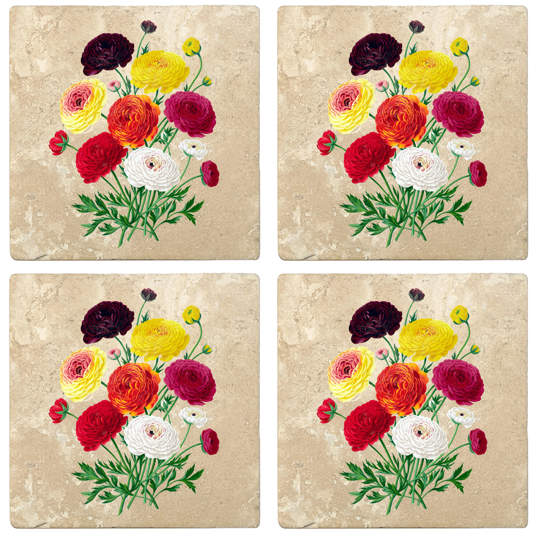 Set of 4 Absorbent Stone 4" Flower Designs Drink Coasters, Double French Ranunculus Bouquet