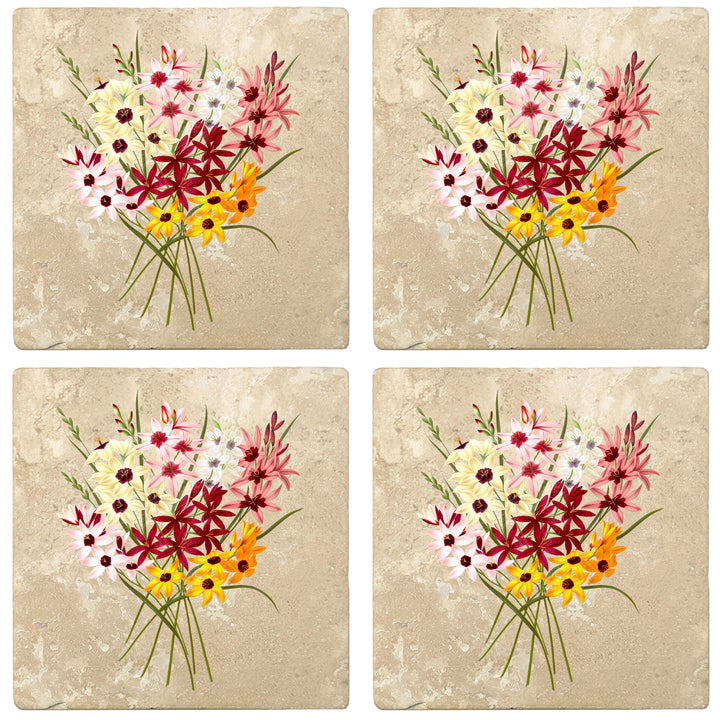 Set of 4 Absorbent Stone 4" Flower Designs Drink Coasters, Hybrid Ixias