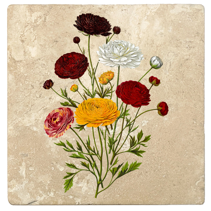 Set of 4 Absorbent Stone 4" Flower Designs Drink Coasters, Ranunculus Bouquet