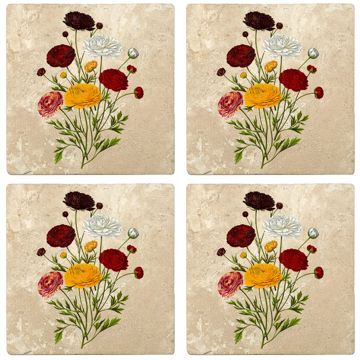 Set of 4 Absorbent Stone 4" Flower Designs Drink Coasters, Ranunculus Bouquet
