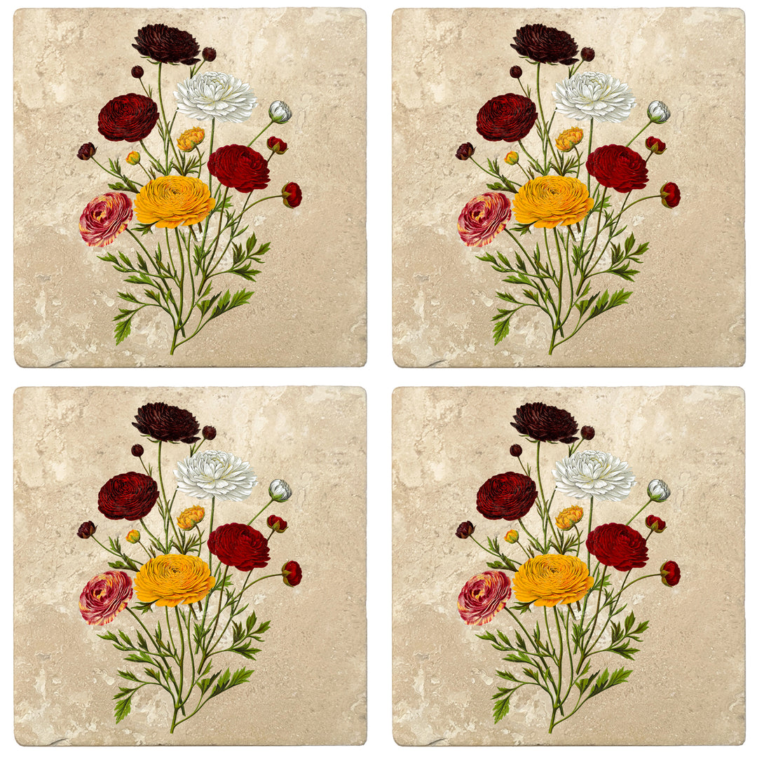 Set of 4 Absorbent Stone 4" Flower Designs Drink Coasters, Ranunculus Bouquet