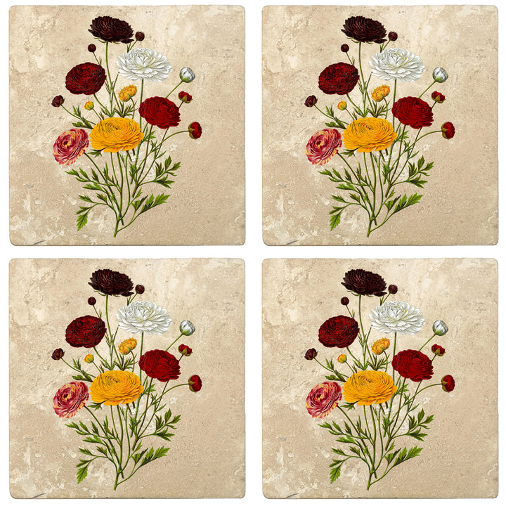 Set of 4 Absorbent Stone 4" Flower Designs Drink Coasters, Ranunculus Bouquet