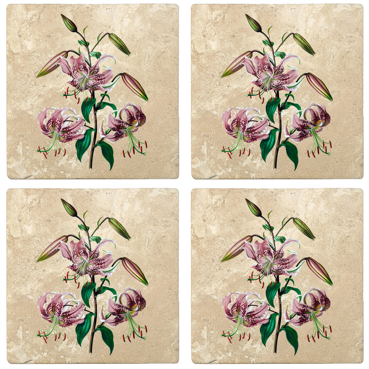 Set of 4 Absorbent Stone 4" Flower Designs Drink Coasters, Rubrum Lily