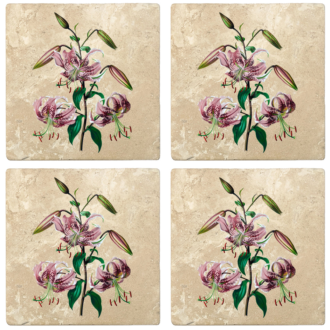 Set of 4 Absorbent Stone 4" Flower Designs Drink Coasters, Rubrum Lily