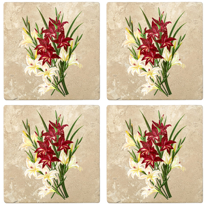 Set of 4 Absorbent Stone 4" Flower Designs Drink Coasters, White And Scarlet Gladiolus