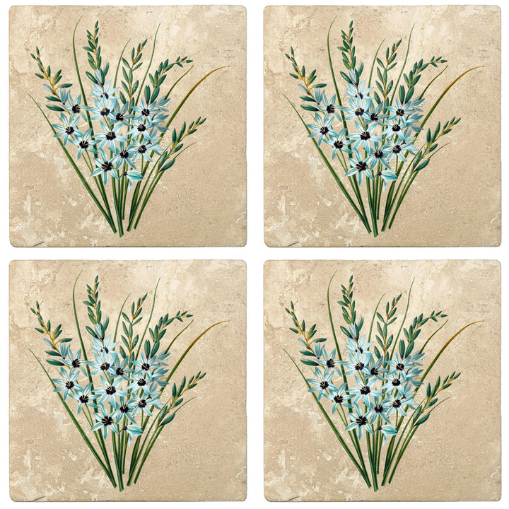 Set of 4 Absorbent Stone 4" Flower Designs Drink Coasters, Turquoise Ixia