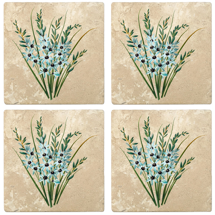 Set of 4 Absorbent Stone 4" Flower Designs Drink Coasters, Turquoise Ixia