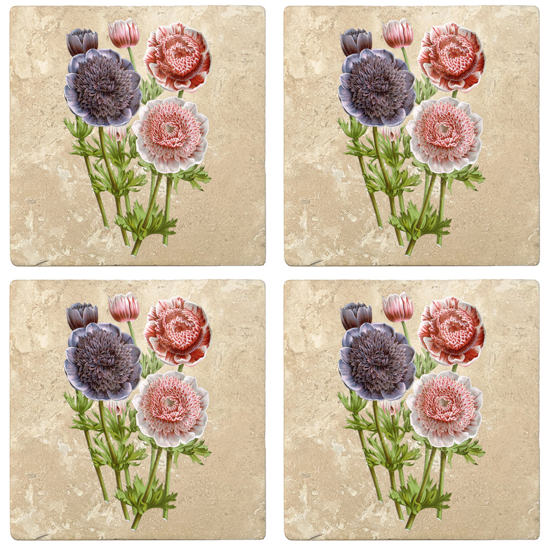 Set of 4 Absorbent Stone 4" Flower Designs Drink Coasters, Anemones Double Flowers