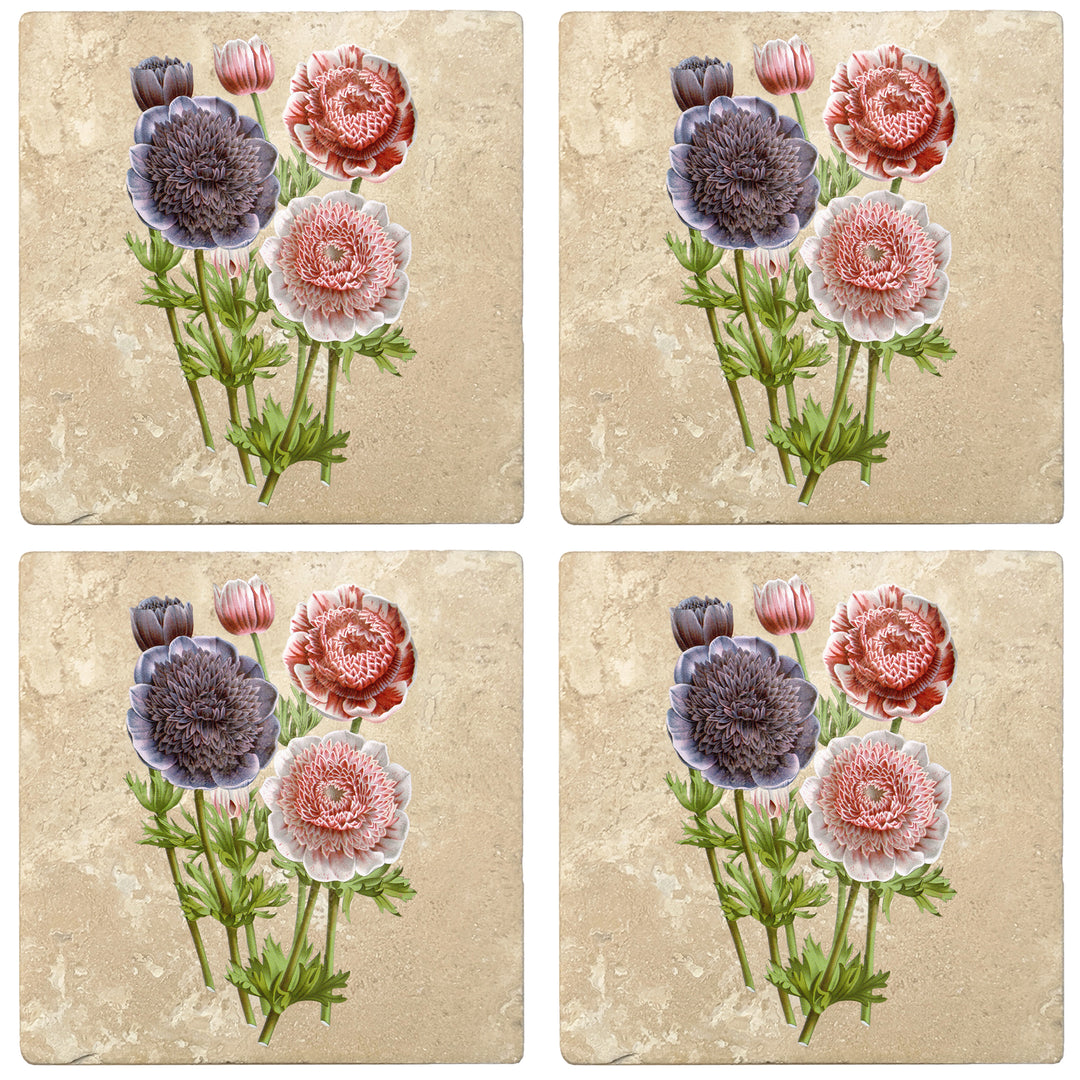 Set of 4 Absorbent Stone 4" Flower Designs Drink Coasters, Anemones Double Flowers