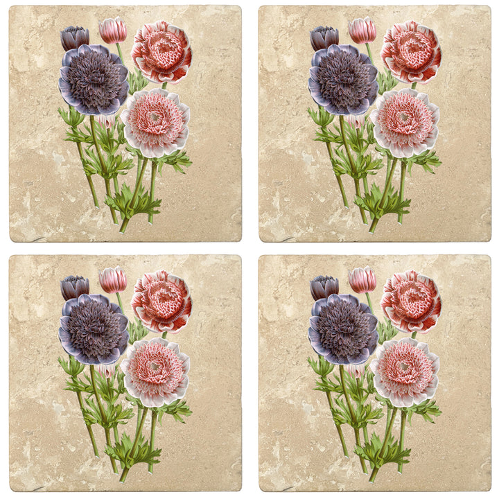 Set of 4 Absorbent Stone 4" Flower Designs Drink Coasters, Anemones Double Flowers