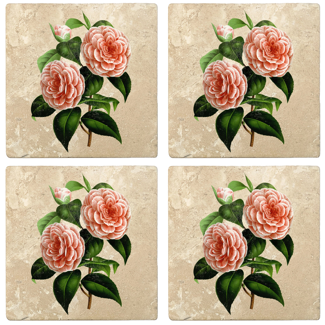 Set of 4 Absorbent Stone 4" Flower Designs Drink Coasters, Albino Botti Camellia