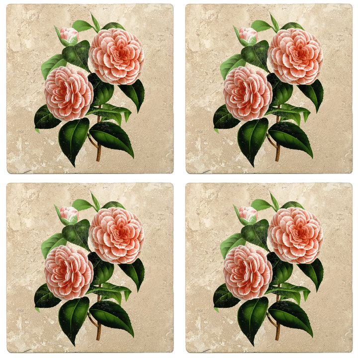 Set of 4 Absorbent Stone 4" Flower Designs Drink Coasters, Albino Botti Camellia