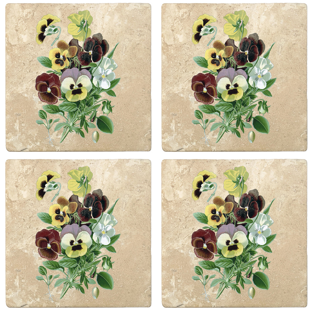 Set of 4 Absorbent Stone 4" Flower Designs Drink Coasters, Pansy