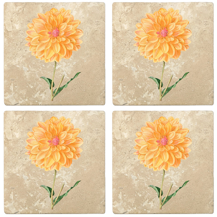 Set of 4 Absorbent Stone 4" Flower Designs Drink Coasters, Dahlia King Of The Autumn